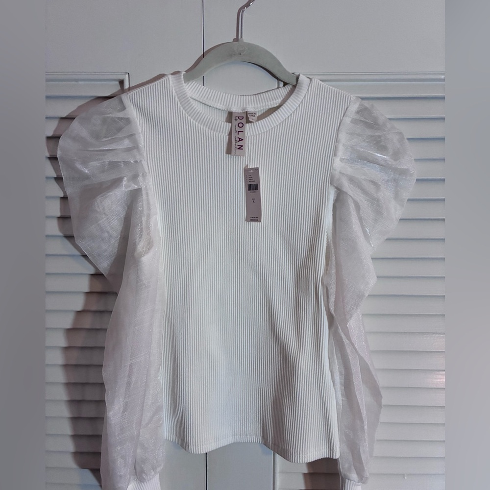 Dolan Ivory Ribbed Blouse with Sheer Sleeves